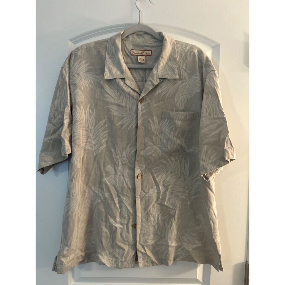 Paradise Blue Kahaki Hawaiian Button Down 100% Silk Sz XL